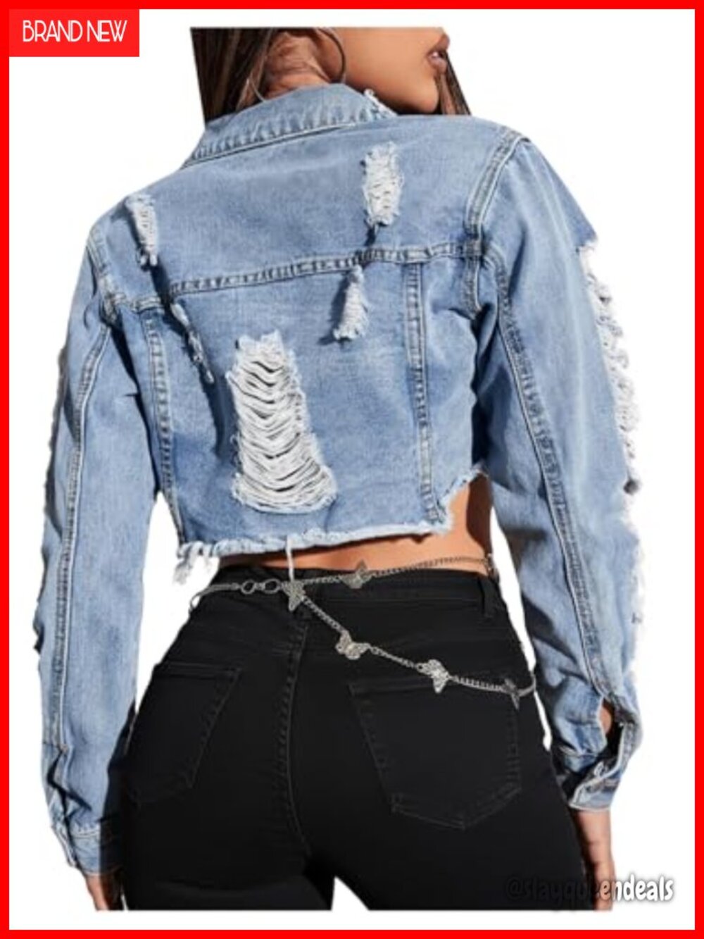 Ripped Raw Hem Cropped Denim Jacket Long Sleeve Distressed Frayed Jean Jacket